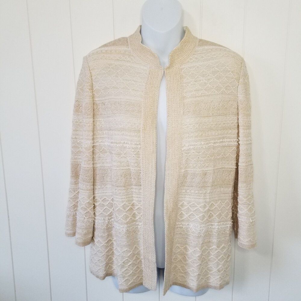Ming Wang Cardigan Sweater Jacket Large Metallic Cream Ivory Long Sleeve Career